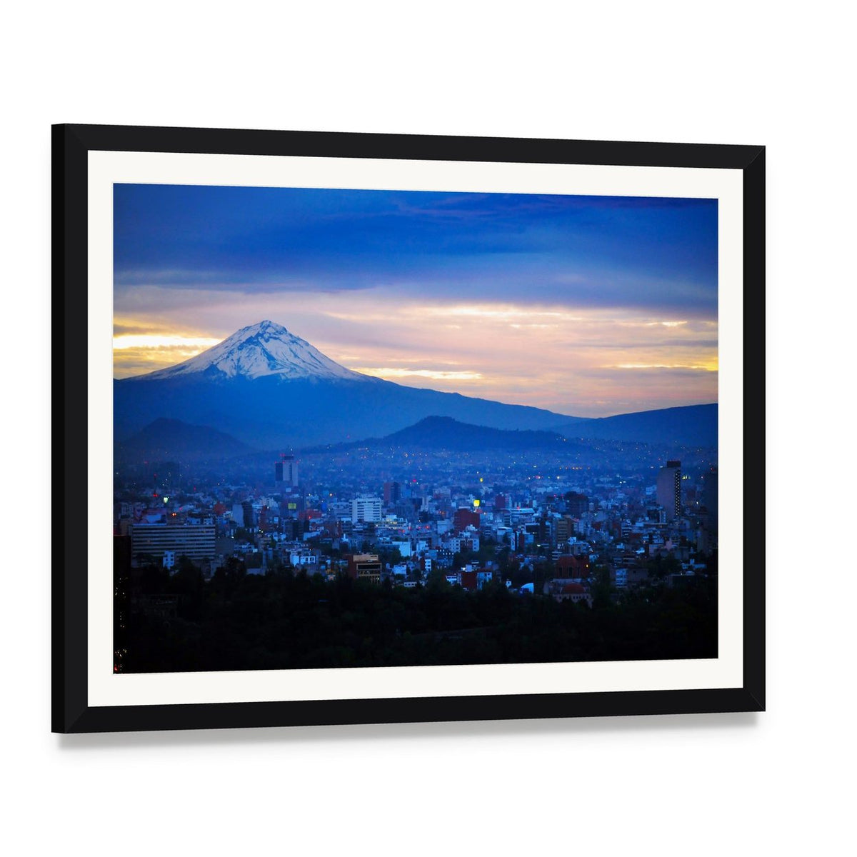 Popocatépetl Volcano at Dusk Canvas Wall Art, framed print with white mat and black frame, angled product view