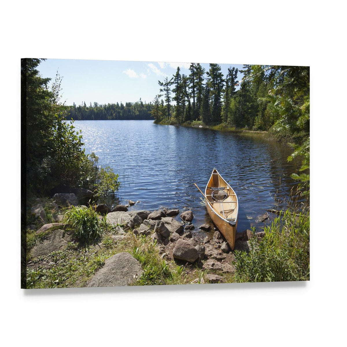 Yellow Canoe in Lake Canvas Wall Art, single panel gallery wrapped canvas, angled product view