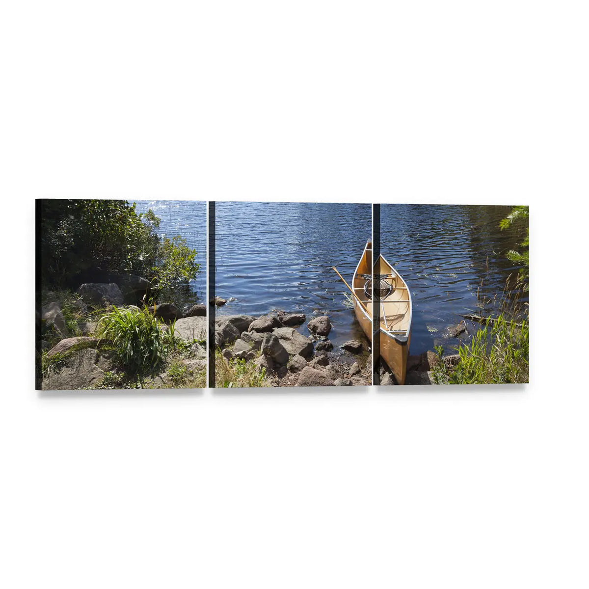 Yellow Canoe on Rocky Shore Panoramic Canvas Wall Art, 3 panel 3 Piece layout gallery wrapped canvas set, angled product view