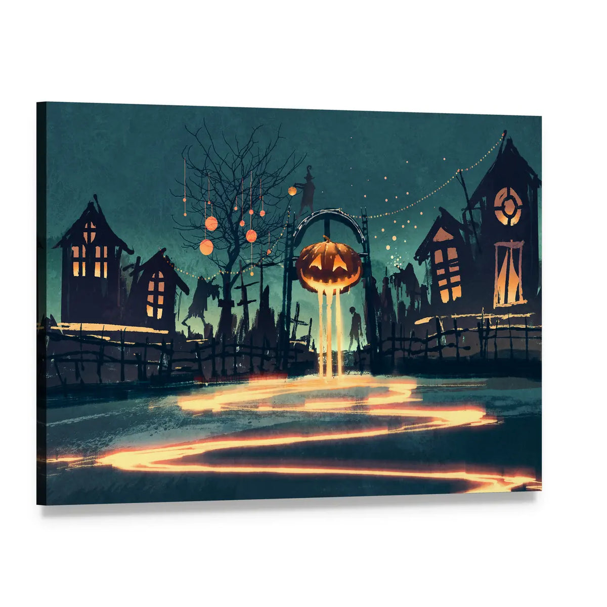 Giant Jack-o'-lantern with Glowing Path Canvas Wall Art, single panel gallery wrapped canvas, angled product view
