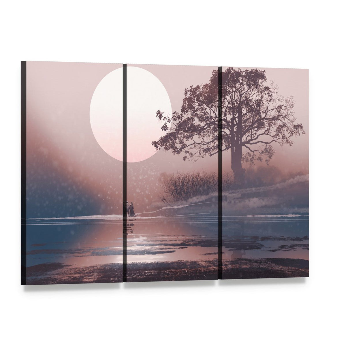 Love Couple in Winter Landscape Canvas Wall Art, 3 panel 3 Horizontal layout gallery wrapped canvas set, angled product view
