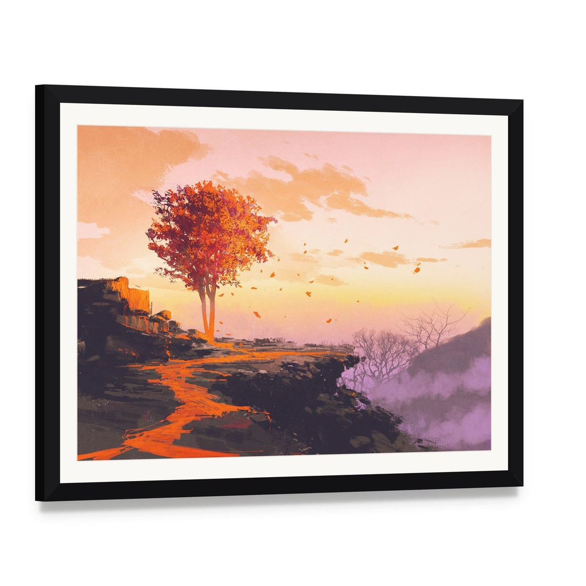 Melting Autumn Tree Canvas Wall Art, framed print with white mat and black frame, angled product view