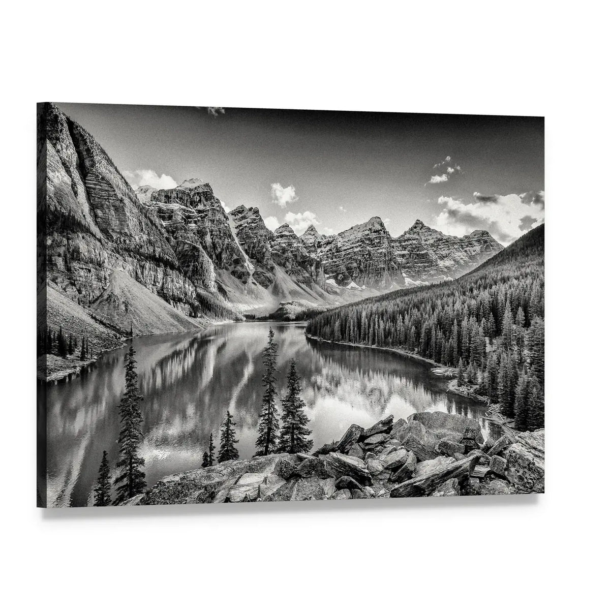 Glacial Mountain Lake with Pine Reflections Canvas Wall Art, single panel gallery wrapped canvas, angled product view
