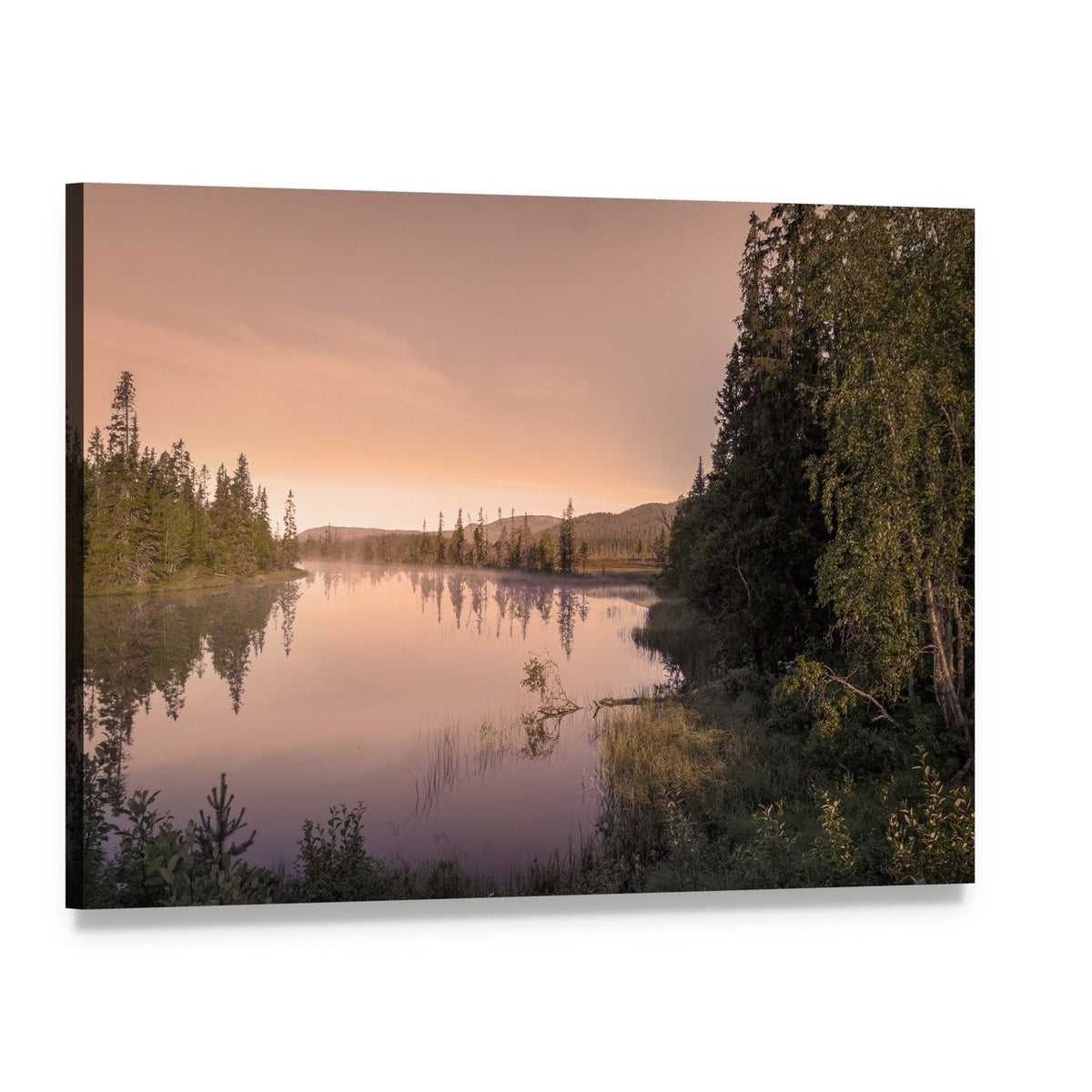 Misty Sunrise Over Lake Canvas Wall Art, single panel gallery wrapped canvas, angled product view