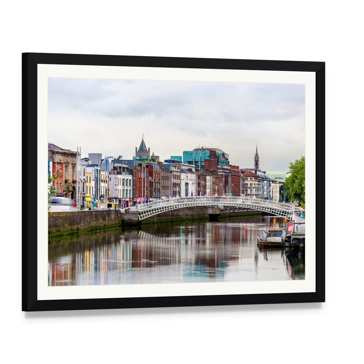 Ha'penny Bridge Over Dublin River Canvas Wall Art, framed print with white mat and black frame, angled product view