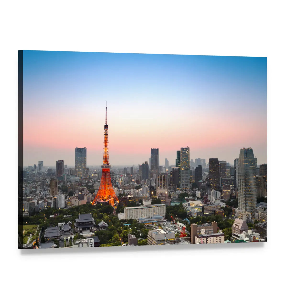 Tokyo Tower Sunset Skyline Canvas Wall Art, single panel gallery wrapped canvas, angled product view