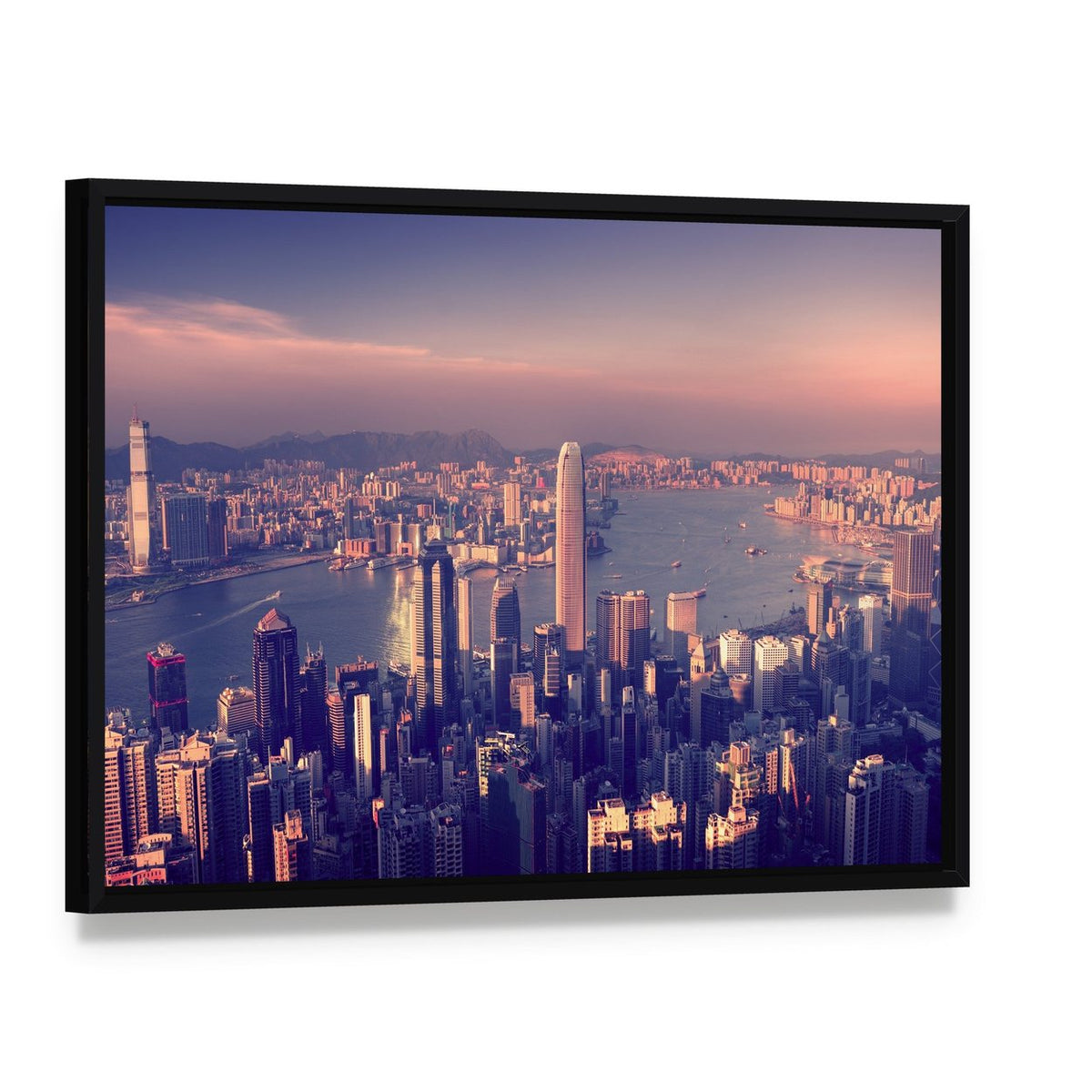 Hong Kong Skyline at Sunset Canvas Wall Art, framed canvas in a black floater frame, angled product view