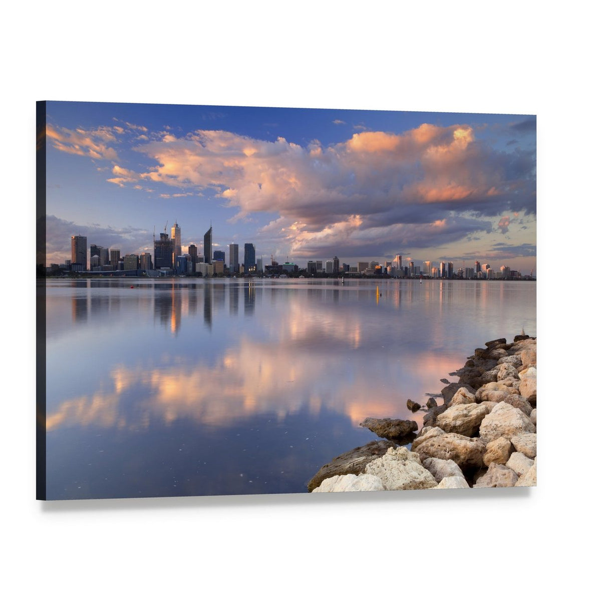Perth Skyline Over Swan River Canvas Wall Art, single panel gallery wrapped canvas, angled product view