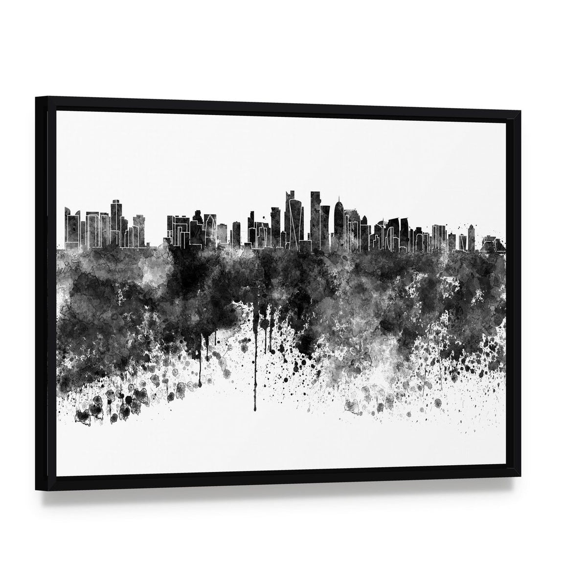 Doha Skyline in Black Watercolor Canvas Wall Art, framed canvas in a black floater frame, angled product view