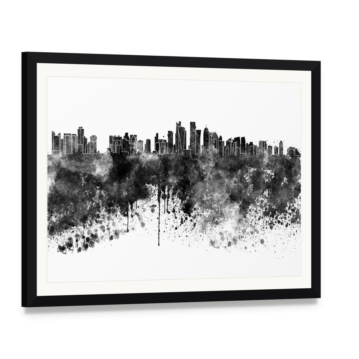 Doha Skyline in Black Watercolor Canvas Wall Art, framed print with white mat and black frame, angled product view