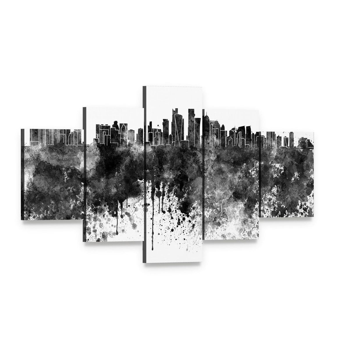 Doha Skyline in Black Watercolor Canvas Wall Art, 5 panel 5 Star layout gallery wrapped canvas set, angled product view