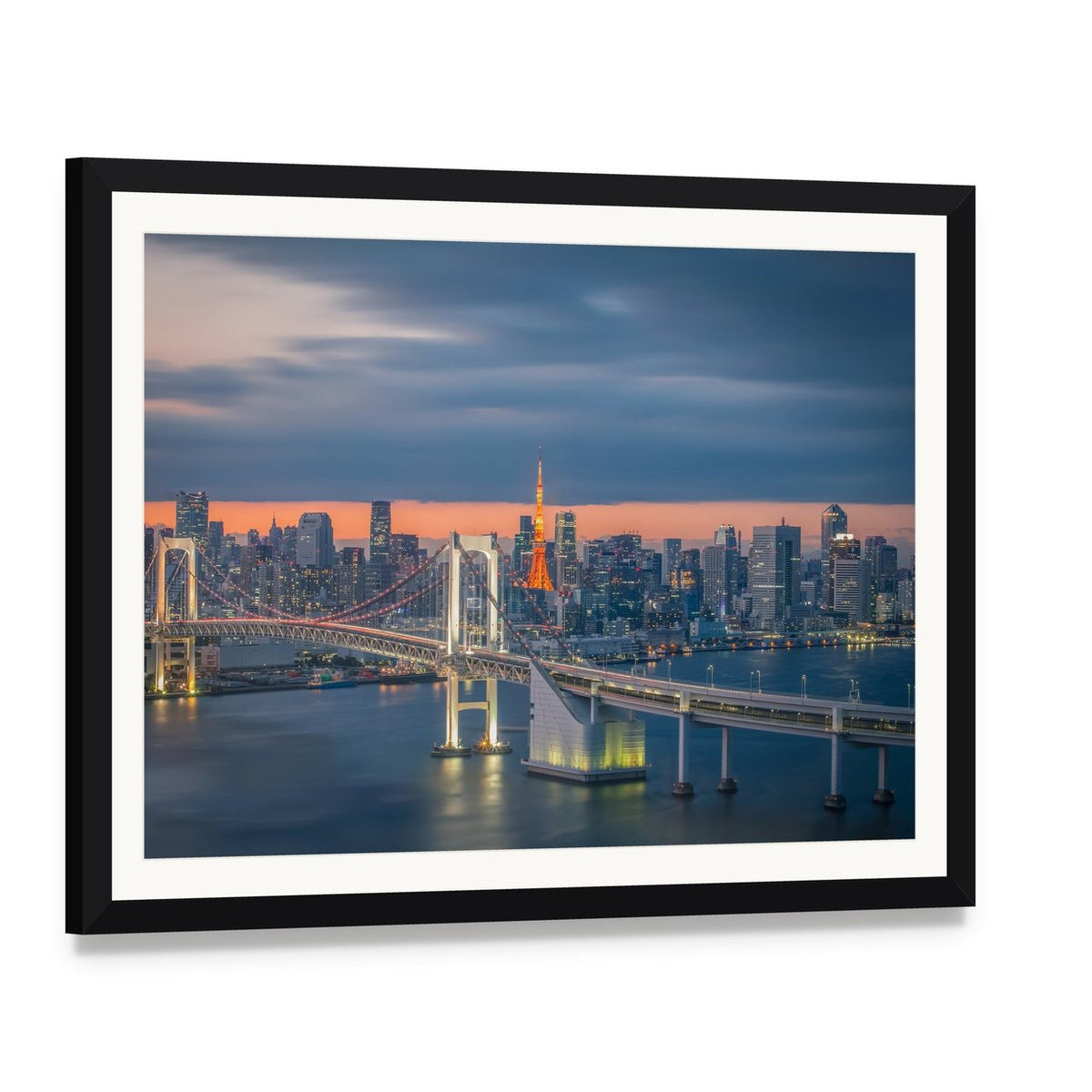 Tokyo Rainbow Bridge at Twilight Canvas Wall Art, framed print with white mat and black frame, angled product view
