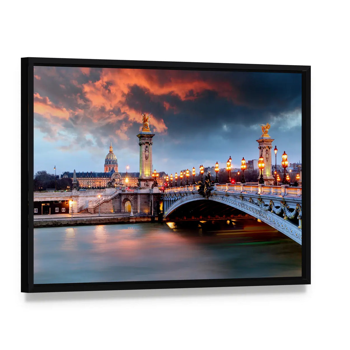 Alexandre Iii Bridge in Paris Canvas Wall Art, framed canvas in a black floater frame, angled product view
