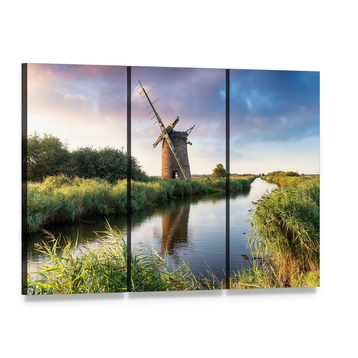 Brograve Windmill at Sunset Canvas Wall Art, 3 panel 3 Horizontal layout gallery wrapped canvas set, angled product view