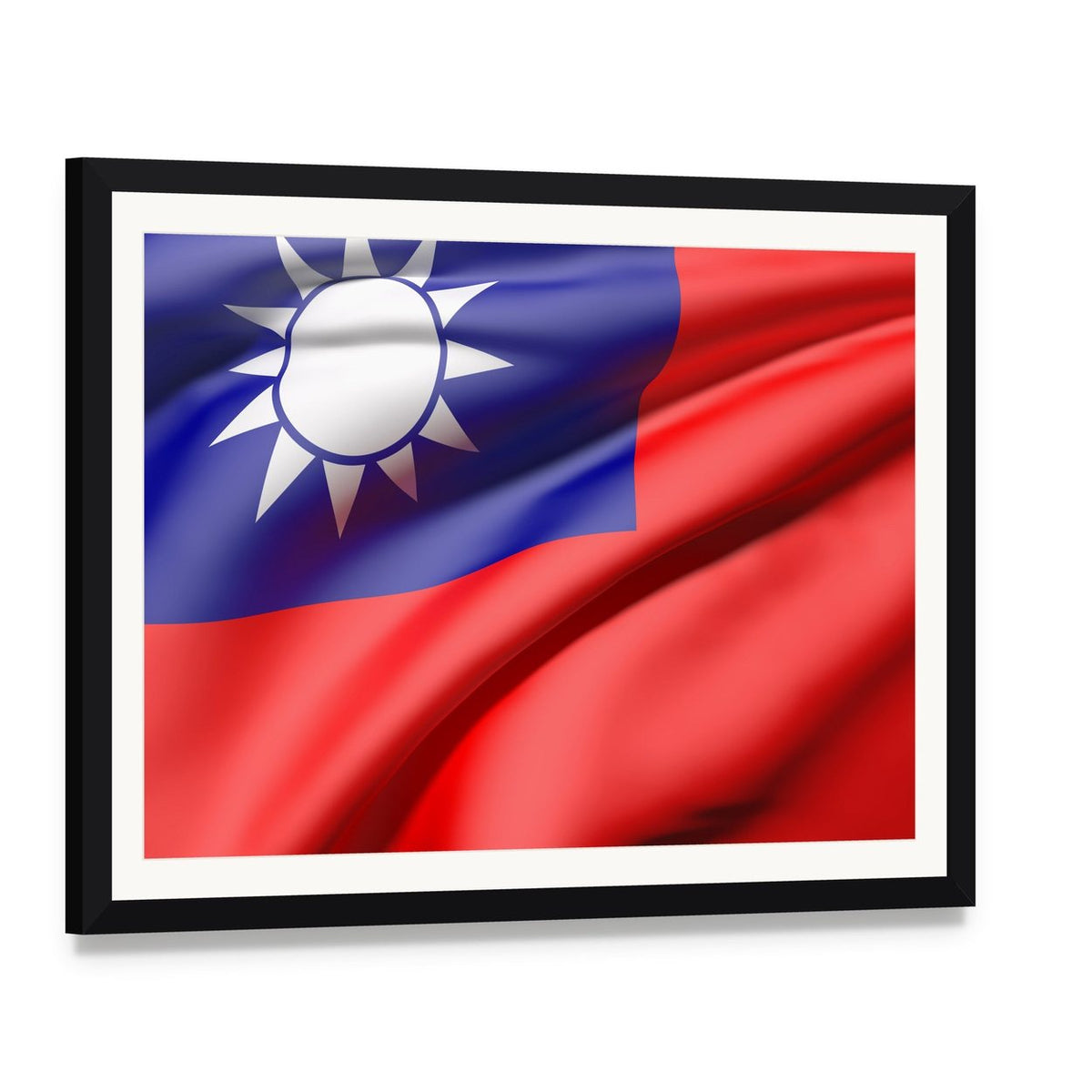 Waving Taiwan Flag Canvas Wall Art, framed print with white mat and black frame, angled product view