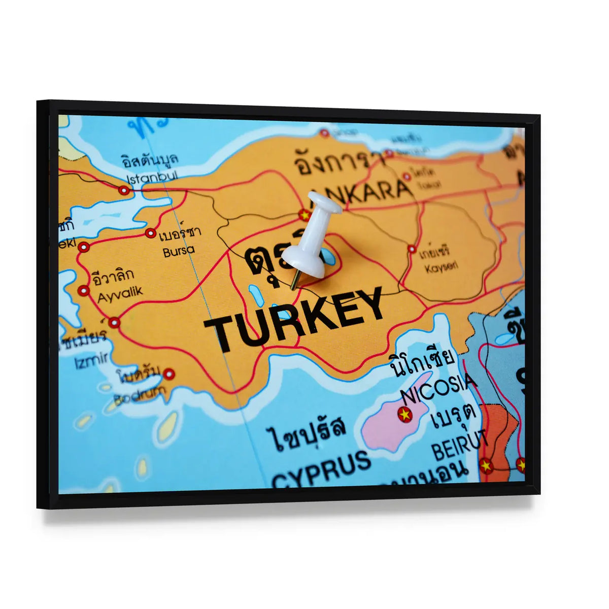 Turkey Map With Push Pin Canvas Wall Art, framed canvas in a black floater frame, angled product view