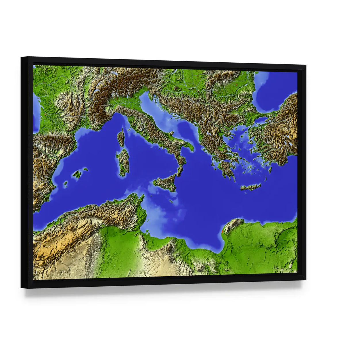 Shaded Relief Map of the Mediterranean Canvas Wall Art, framed canvas in a black floater frame, angled product view