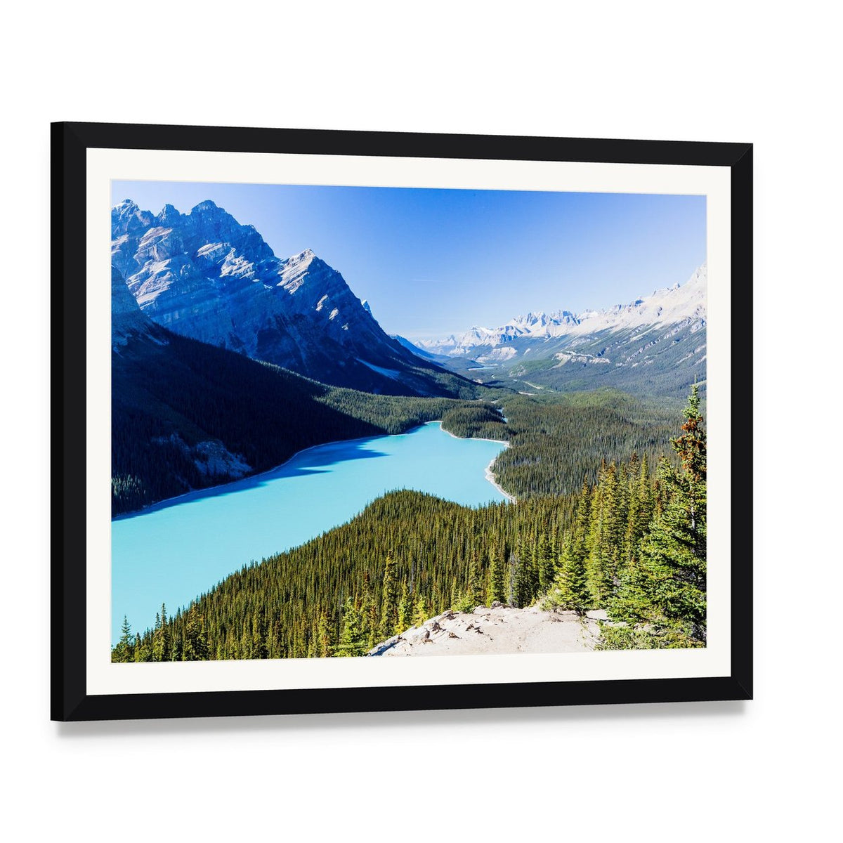 Majestic Glacier Lake and Mountain Landscape Canvas Wall Art, framed print with white mat and black frame, angled product view