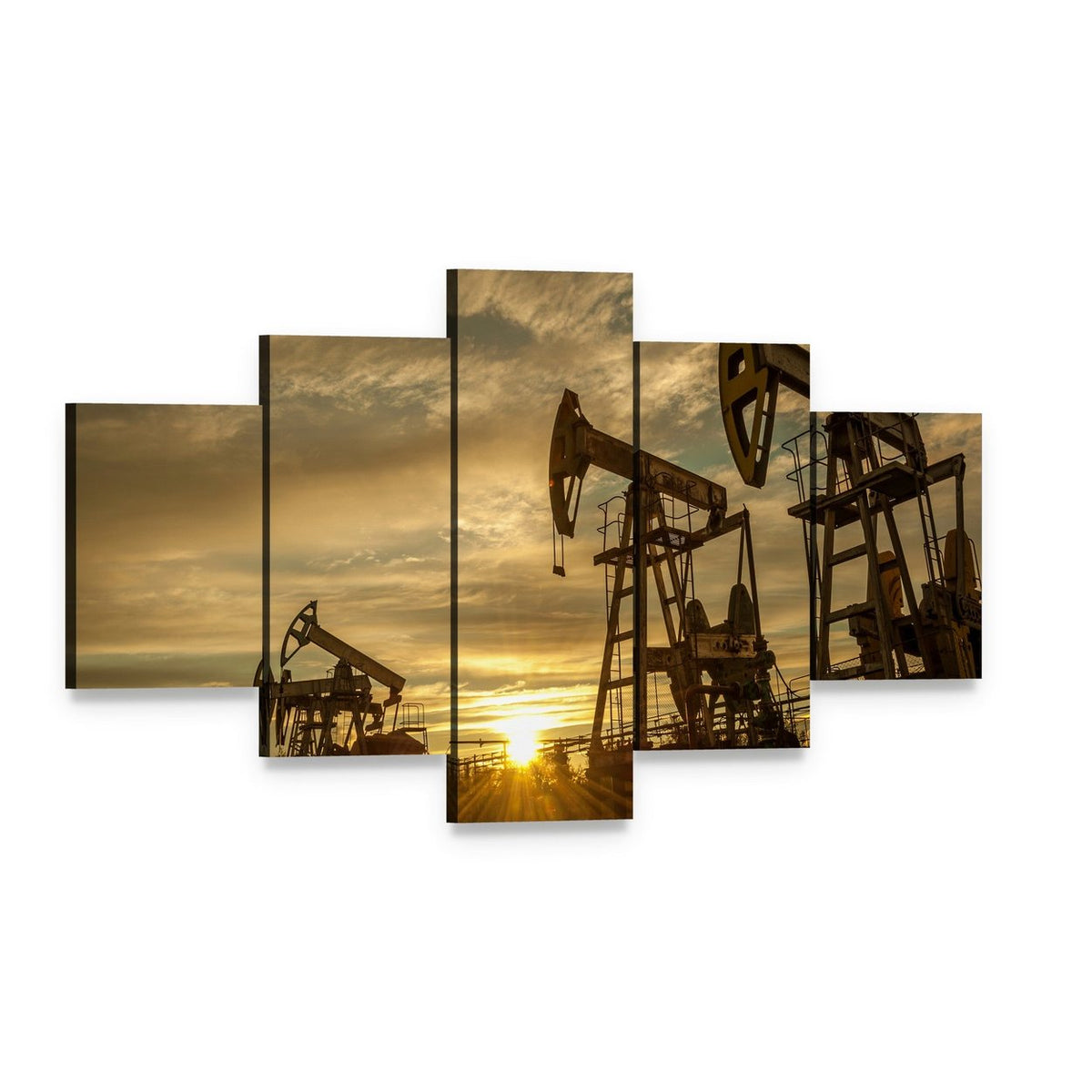 Oil Pump Jacks at Sunset Canvas Wall Art, 5 panel 5 Star layout gallery wrapped canvas set, angled product view