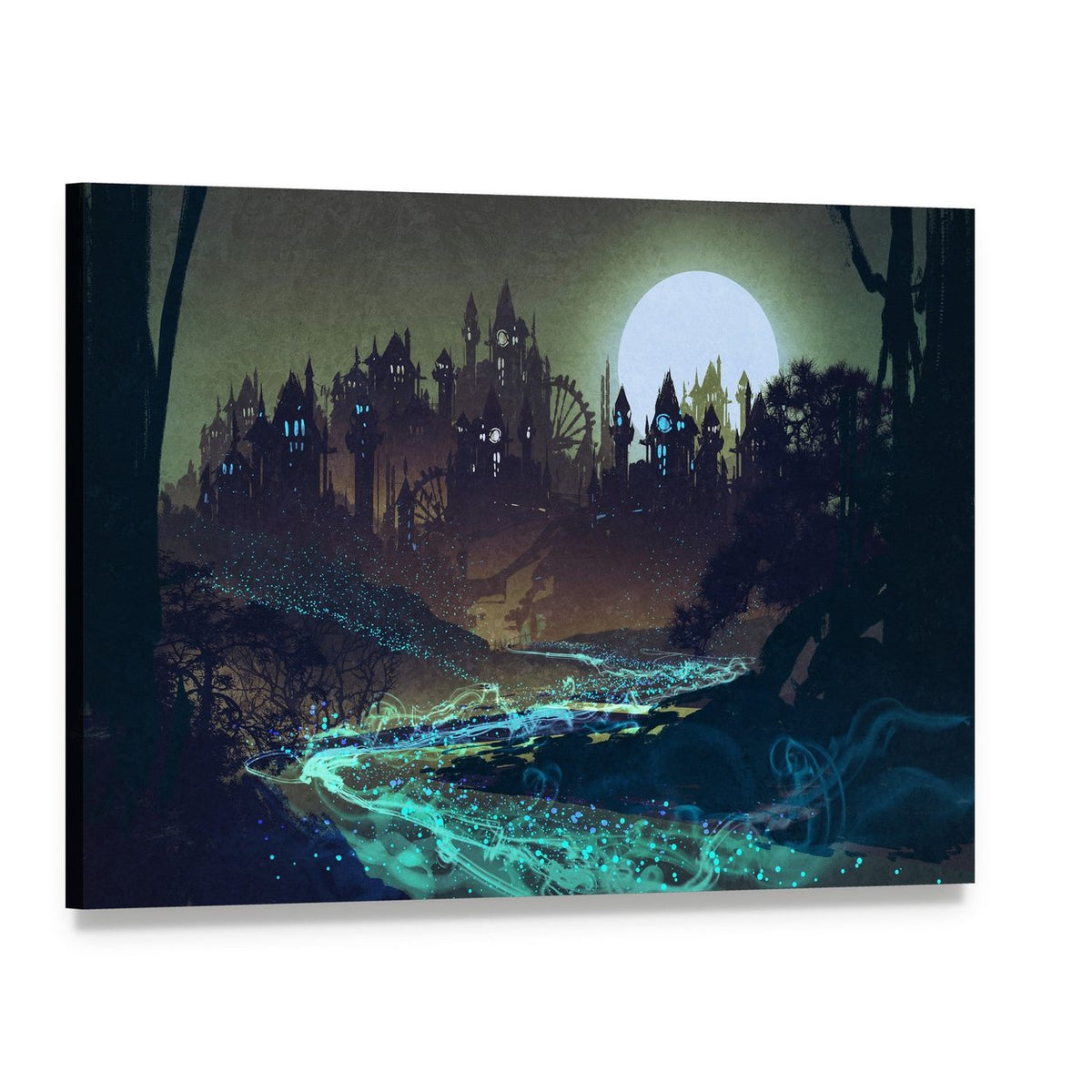Moon Over Castle Illustration Canvas Wall Art, single panel gallery wrapped canvas, angled product view