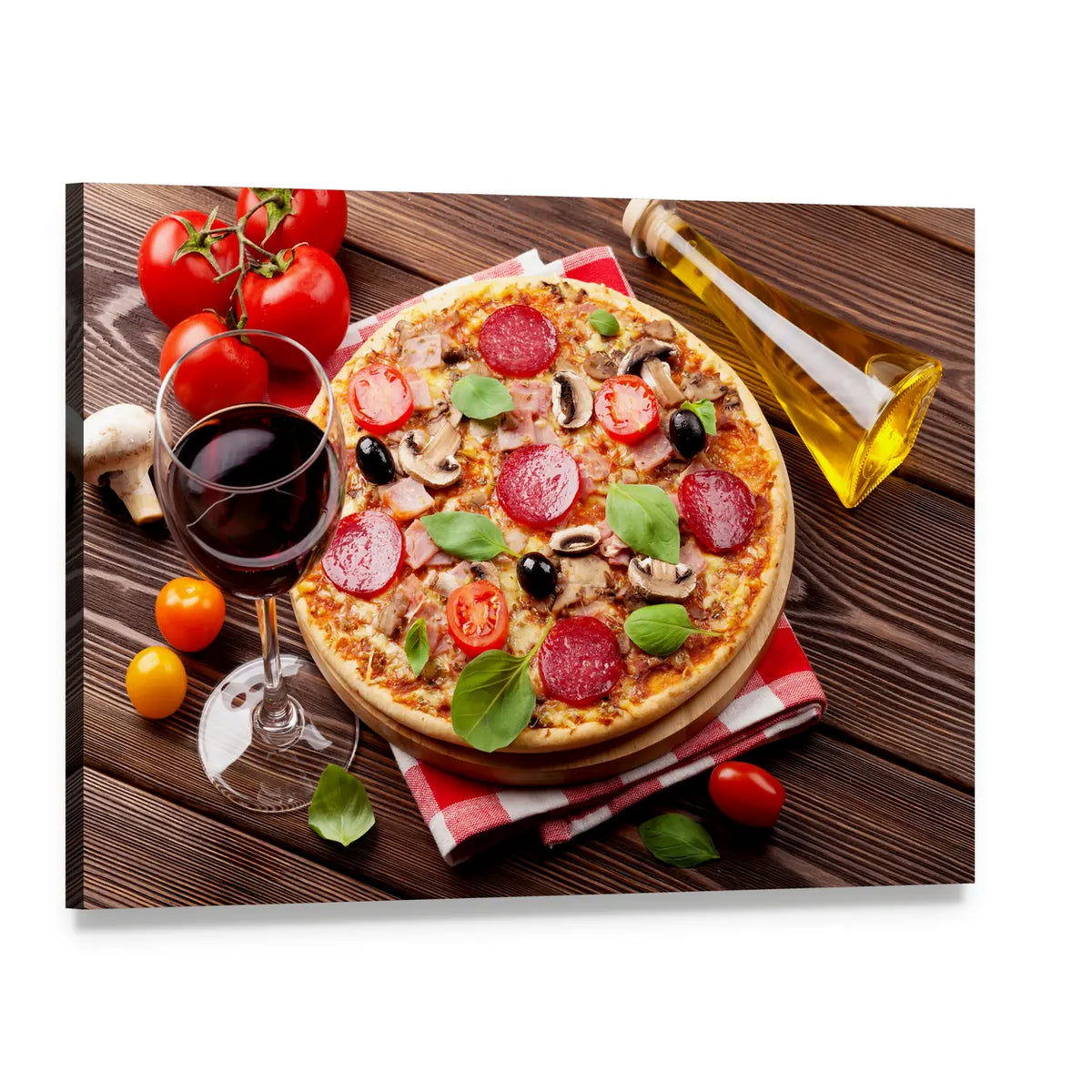 Italian Pizza with Red Wine Canvas Wall Art, single panel gallery wrapped canvas, angled product view