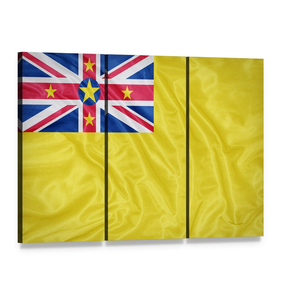 Waving Niue Flag Canvas Wall Art, 3 panel 3 Horizontal layout gallery wrapped canvas set, angled product view
