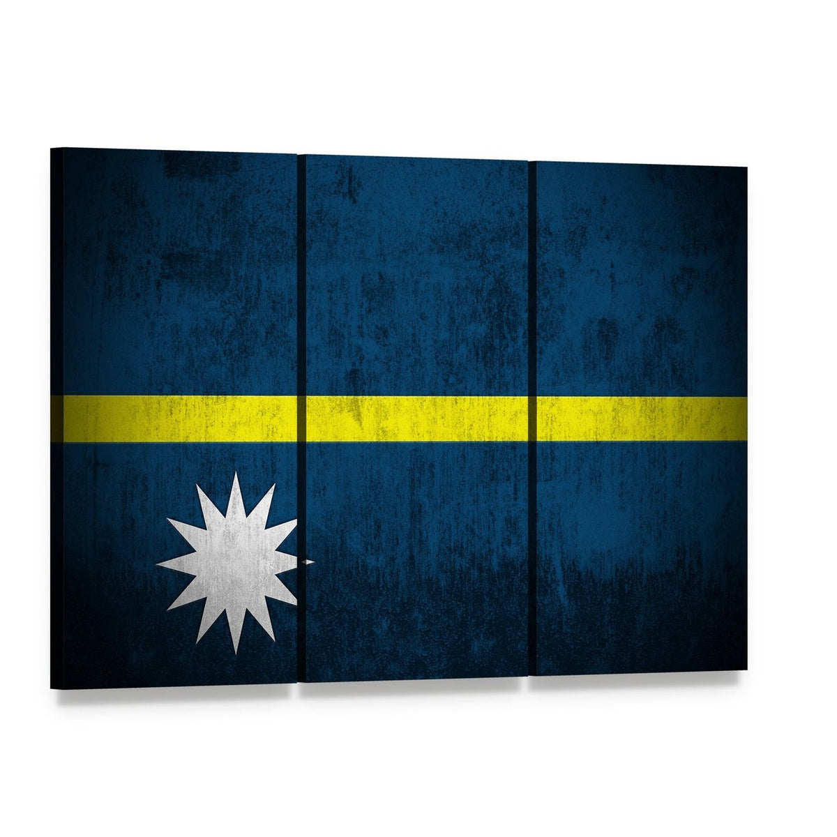 Nauru Flag with 12-point Star Canvas Wall Art, 3 panel 3 Horizontal layout gallery wrapped canvas set, angled product view