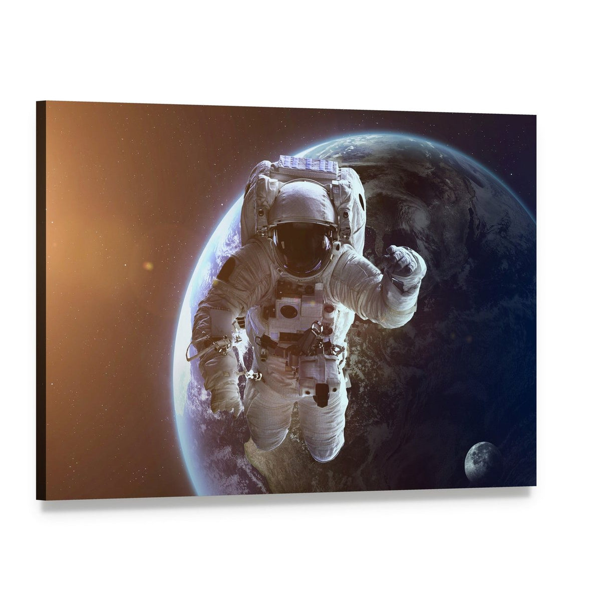 Astronaut Near Planet Earth Canvas Wall Art, single panel gallery wrapped canvas, angled product view