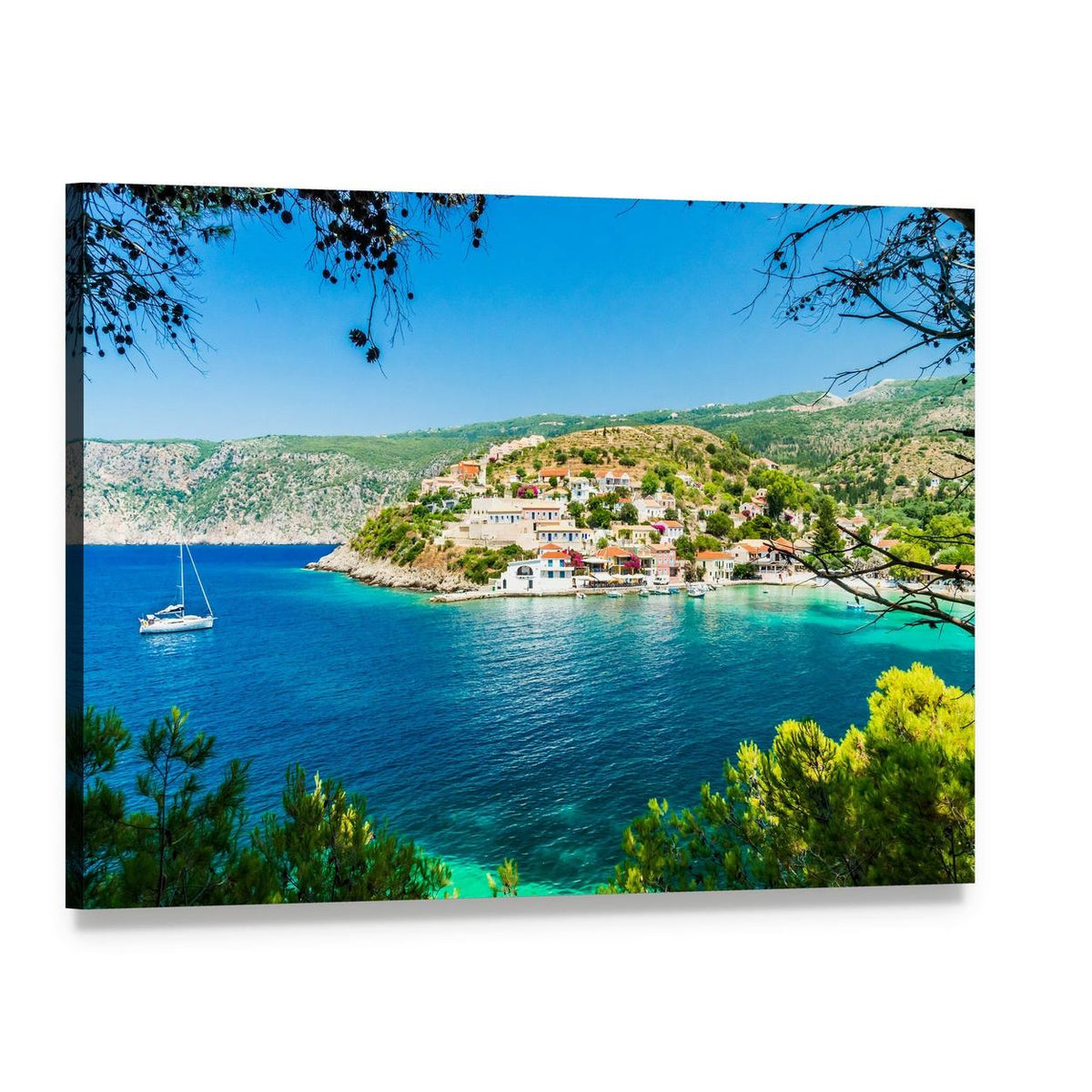 Assos, Kefalonia Coastal Town Canvas Wall Art, single panel gallery wrapped canvas, angled product view