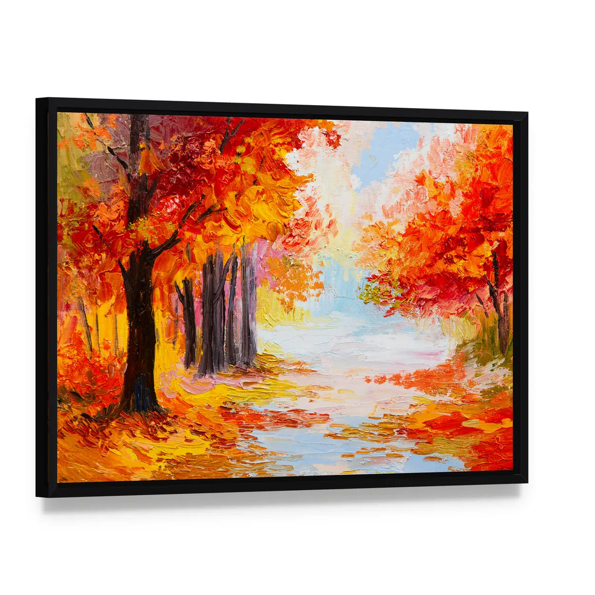 Colorful Autumn Forest Abstract Canvas Wall Art, framed canvas in a black floater frame, angled product view