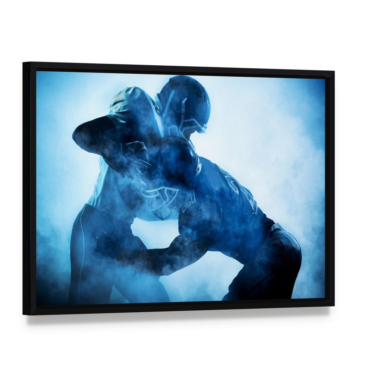 American Football Player Silhouettes Canvas Wall Art, framed canvas in a black floater frame, angled product view