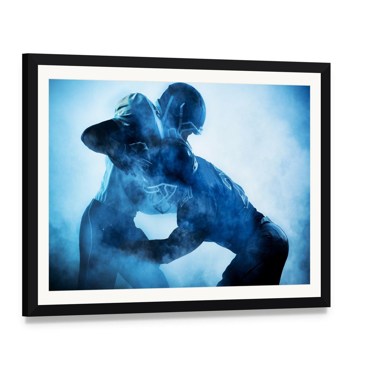 American Football Player Silhouettes Canvas Wall Art, framed print with white mat and black frame, angled product view