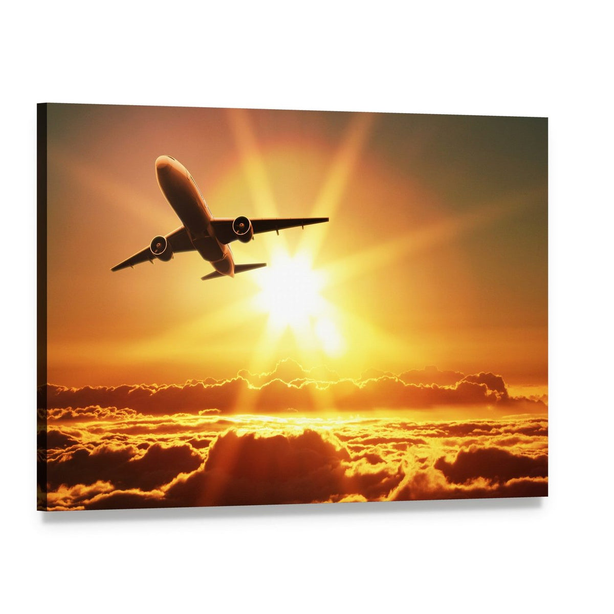 Plane Takes Off at Sunrise Canvas Wall Art, single panel gallery wrapped canvas, angled product view