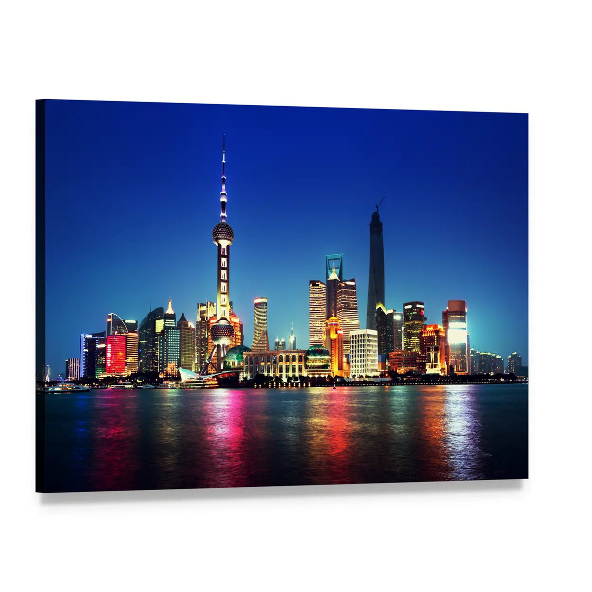Shanghai Night Skyline with Oriental Pearl Tower Canvas Wall Art, single panel gallery wrapped canvas, angled product view