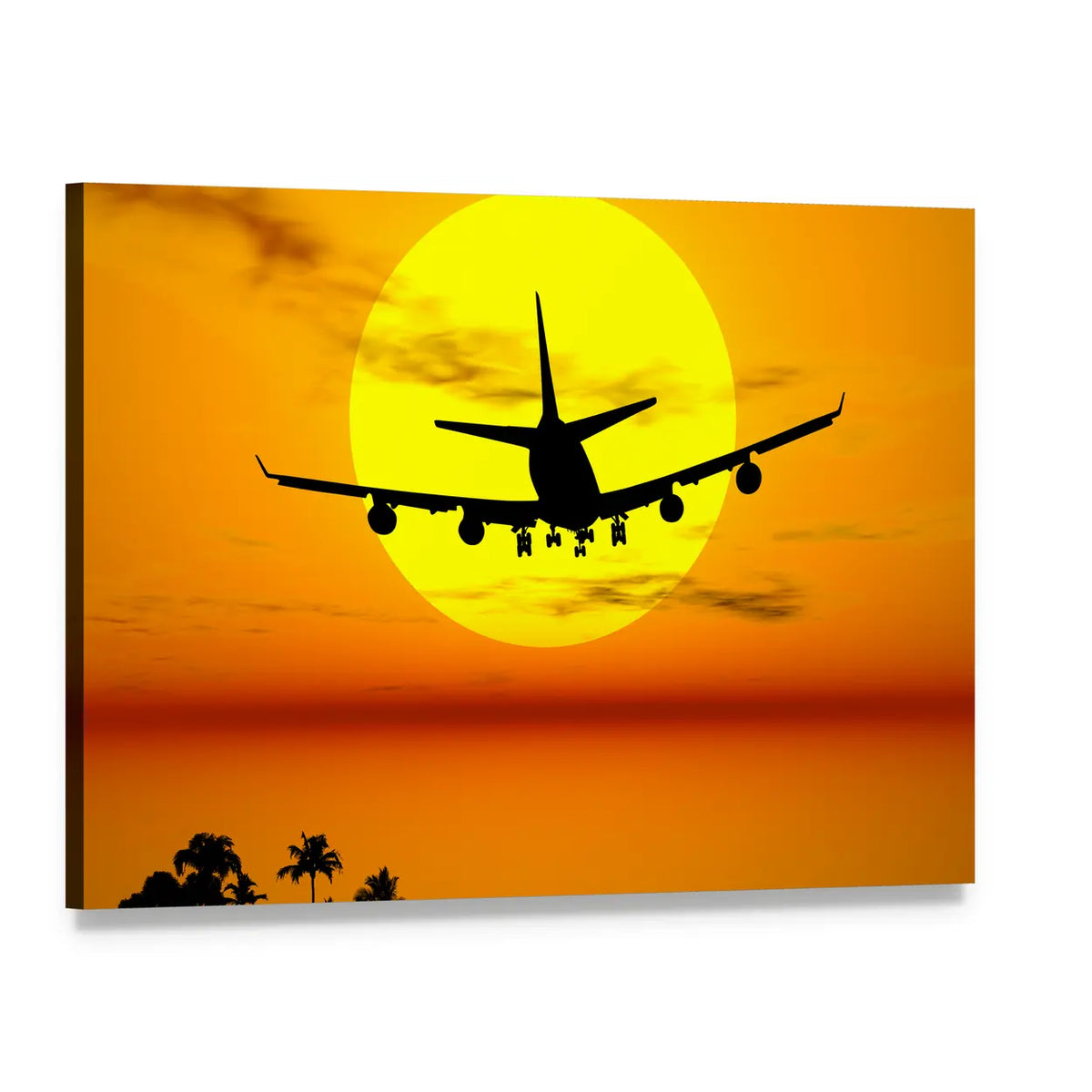 Airplane Silhouette Over Tropical Sunset Canvas Wall Art, single panel gallery wrapped canvas, angled product view