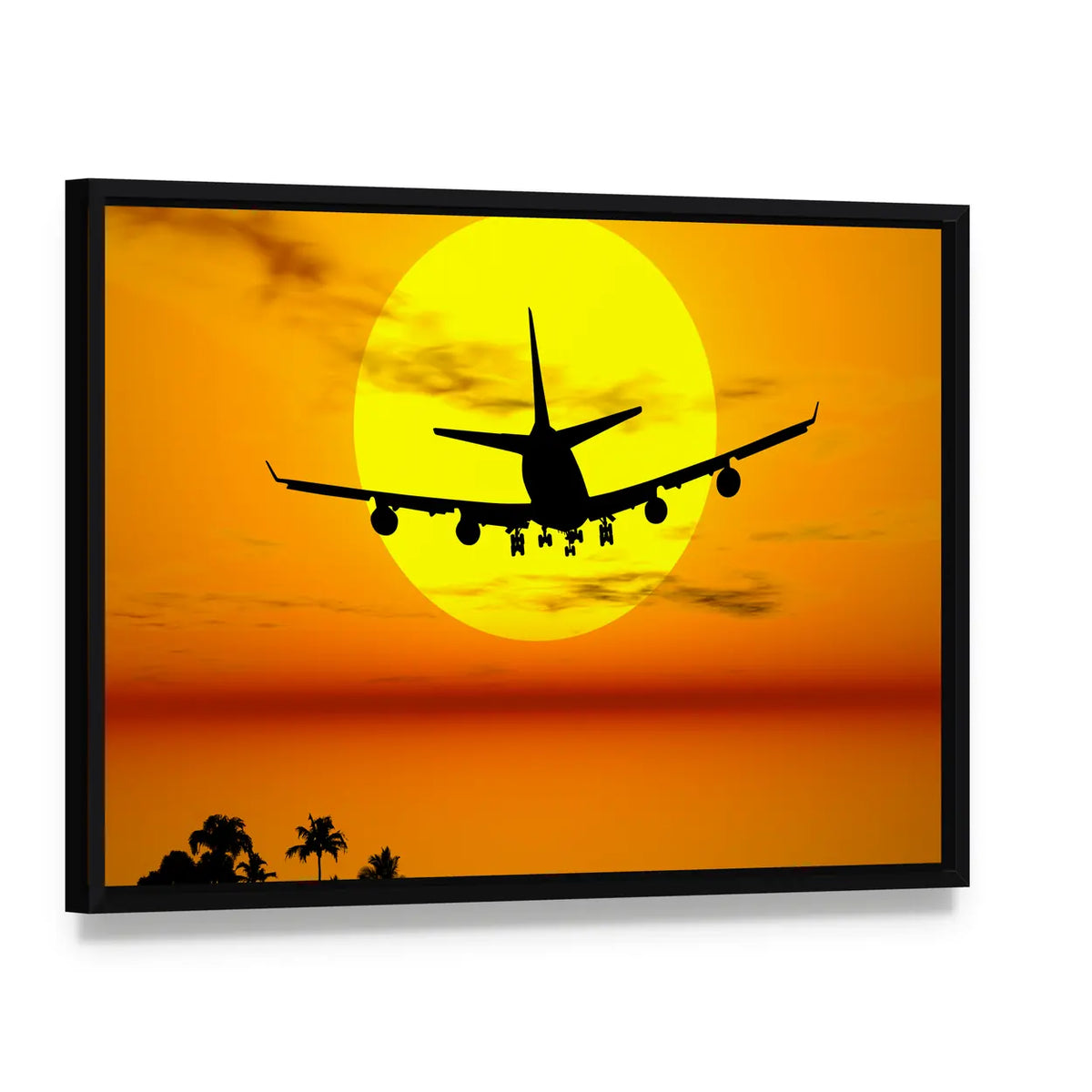 Airplane Silhouette Over Tropical Sunset Canvas Wall Art, framed canvas in a black floater frame, angled product view