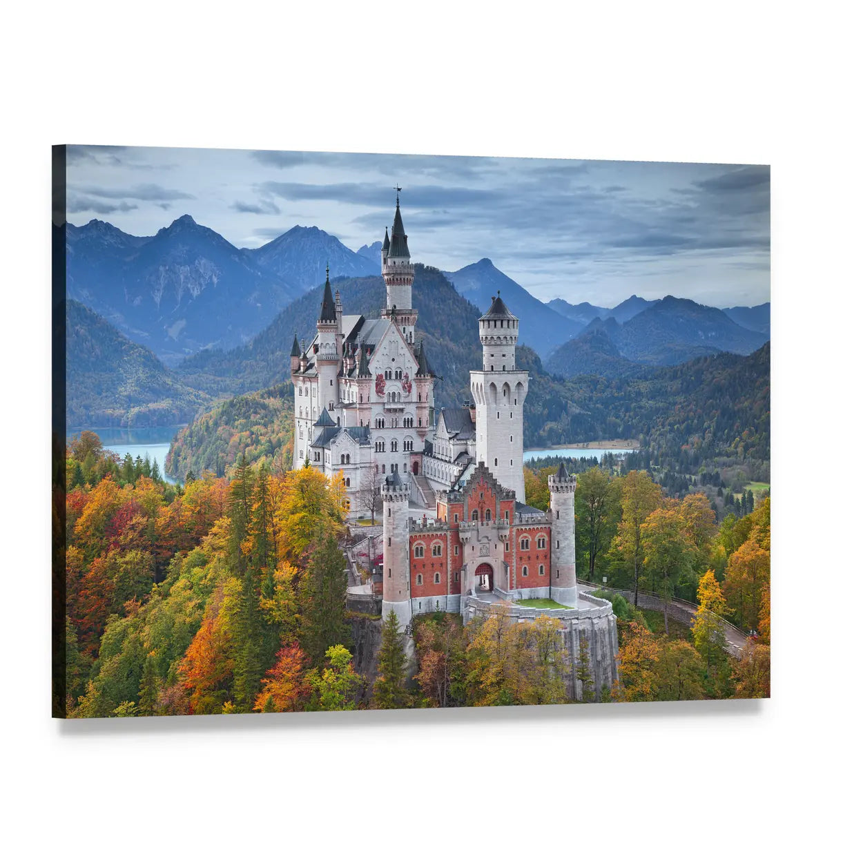 Neuschwanstein Castle with Turquoise Lake Canvas Wall Art, single panel gallery wrapped canvas, angled product view
