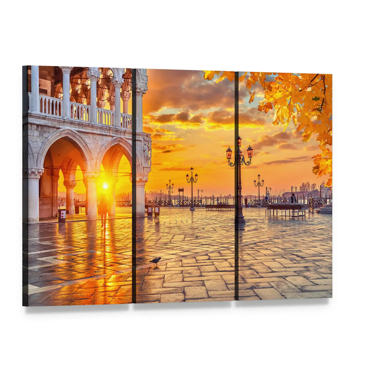 Venetian Piazza in Golden Light Canvas Wall Art, 3 panel 3 Horizontal layout gallery wrapped canvas set, angled product view