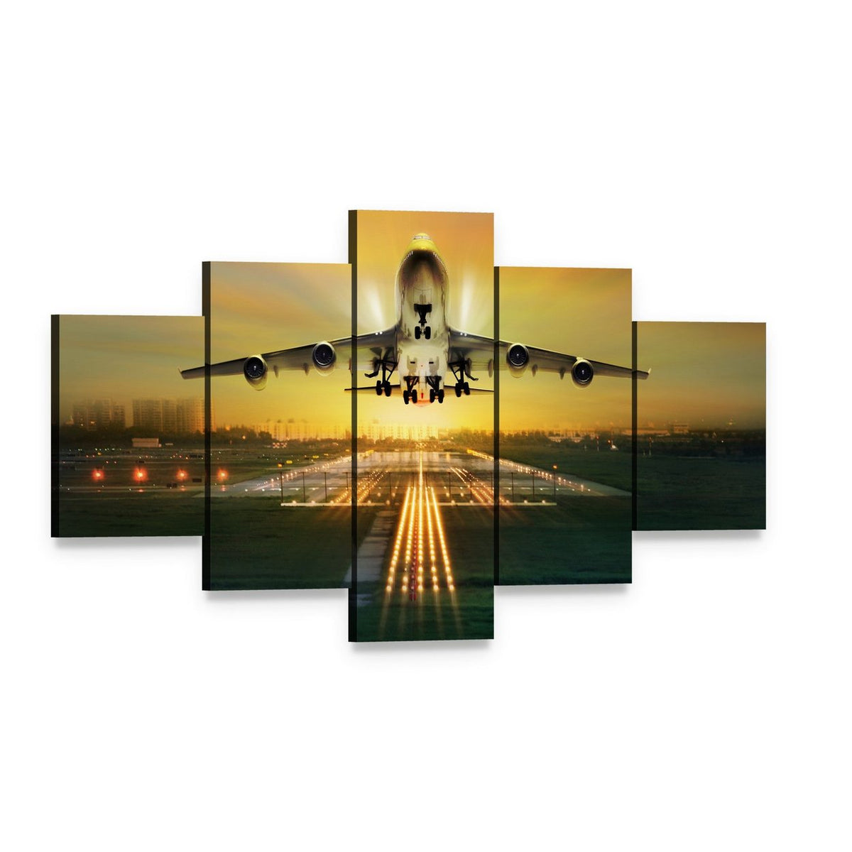 Airplane Taking Off from Runway Canvas Wall Art, 5 panel 5 Star layout gallery wrapped canvas set, angled product view