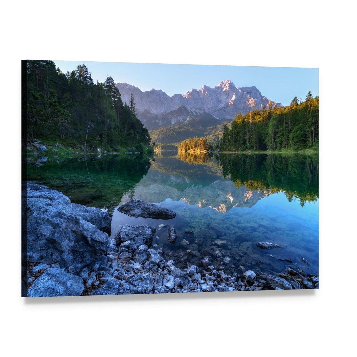 Sundown on Mountain Lake Eibsee Canvas Wall Art, single panel gallery wrapped canvas, angled product view