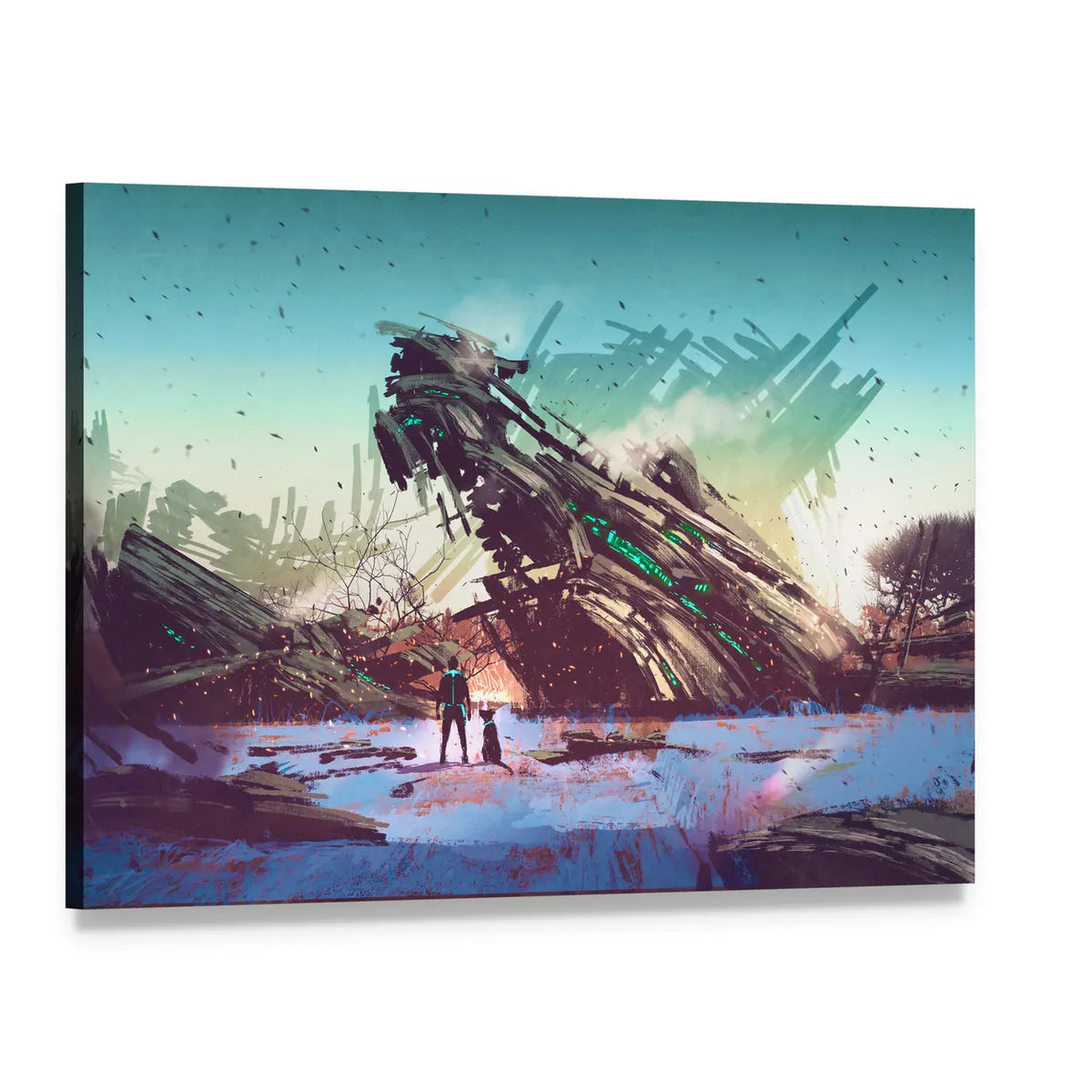 Crashed Spaceship on Snowy Alien Planet Canvas Wall Art, single panel gallery wrapped canvas, angled product view