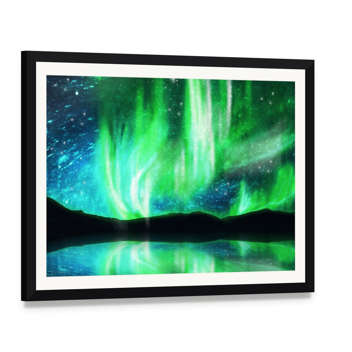 Scenic Northern Lights Canvas Wall Art, framed print with white mat and black frame, angled product view