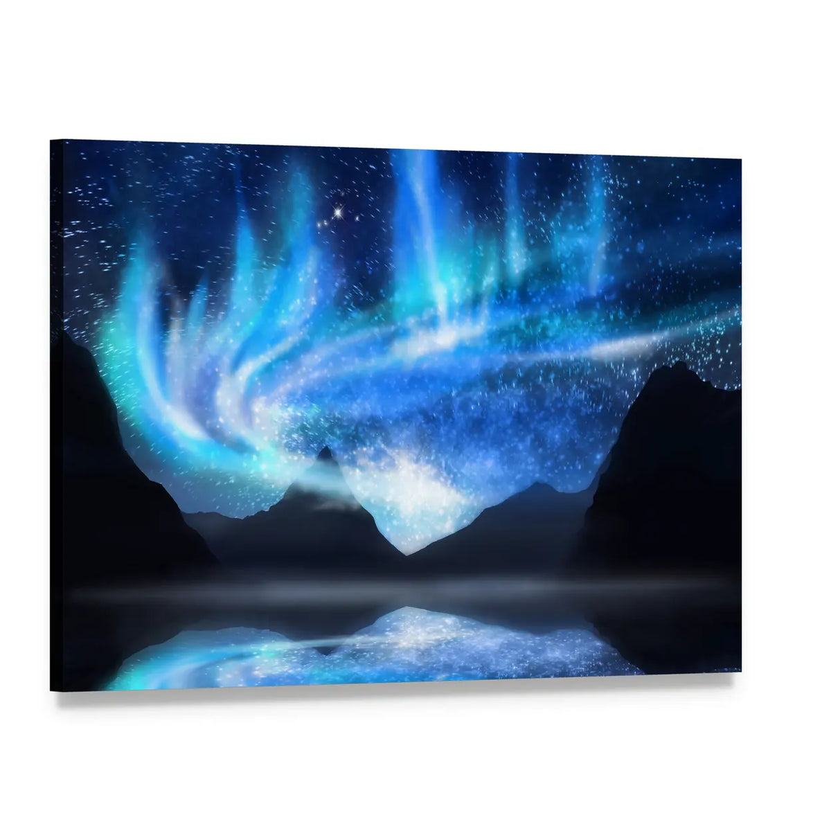 Aurora Borealis Over Mirrored Lake Canvas Wall Art, single panel gallery wrapped canvas, angled product view