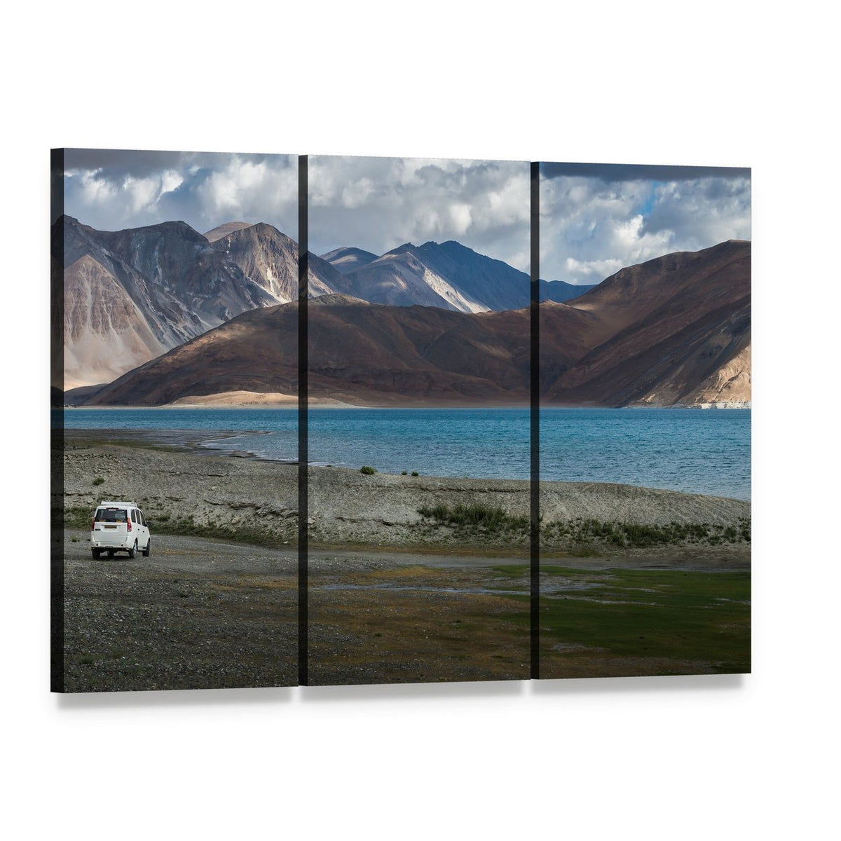 Pangong Lake Surrounded by Mountains Canvas Wall Art, 3 panel 3 Horizontal layout gallery wrapped canvas set, angled product view