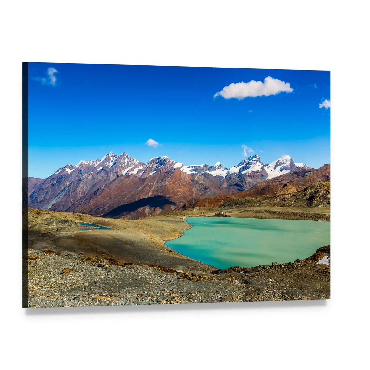 Alpine Lake with Snow-capped Peaks Canvas Wall Art, single panel gallery wrapped canvas, angled product view