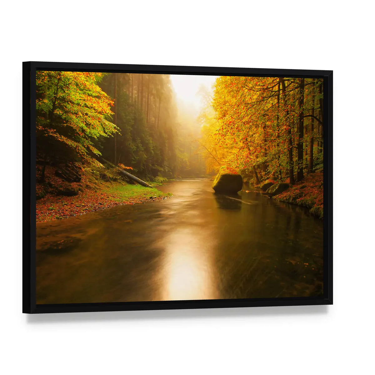 Sunset Above Mountain River Canvas Wall Art, framed canvas in a black floater frame, angled product view