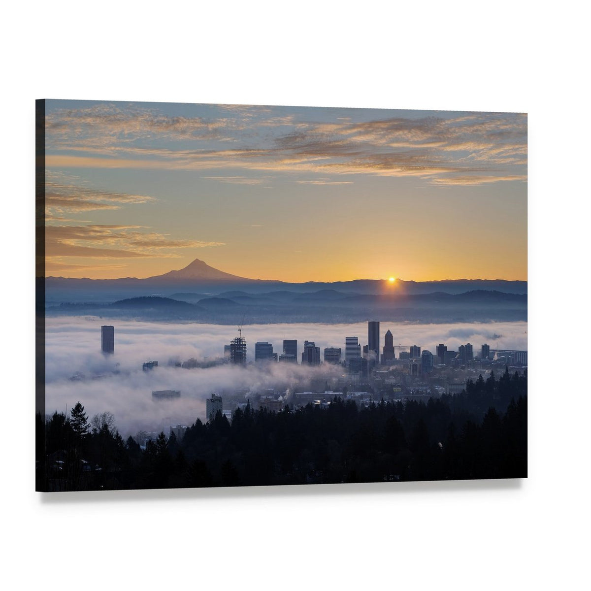 Sunrise Over Portland Skyline with Mount Hood Canvas Wall Art, single panel gallery wrapped canvas, angled product view