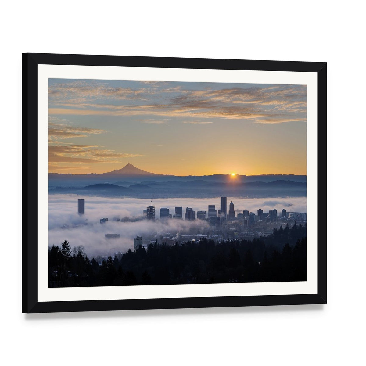 Sunrise Over Portland Skyline with Mount Hood Canvas Wall Art, framed print with white mat and black frame, angled product view