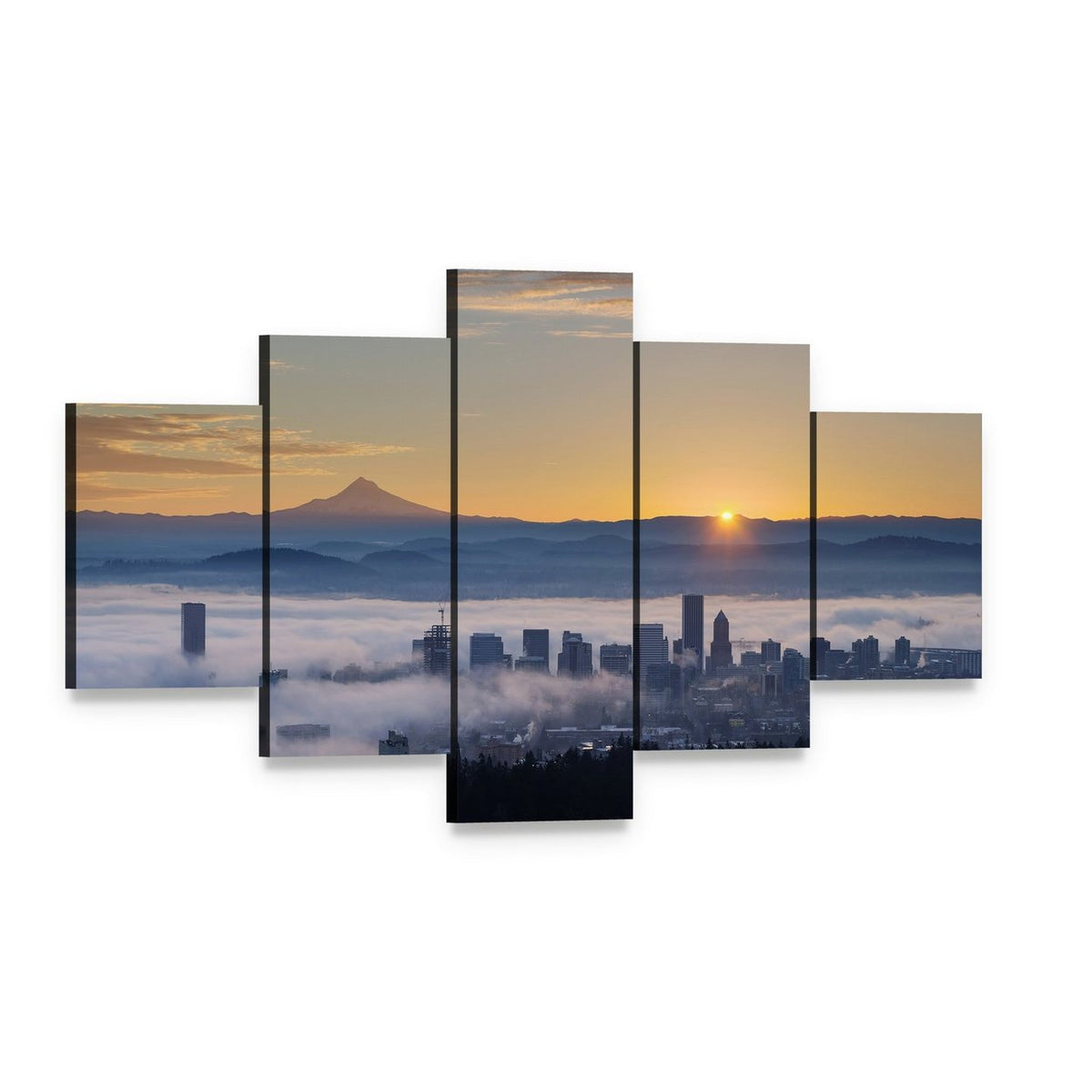 Sunrise Over Portland Skyline with Mount Hood Canvas Wall Art, 5 panel 5 Star layout gallery wrapped canvas set, angled product view