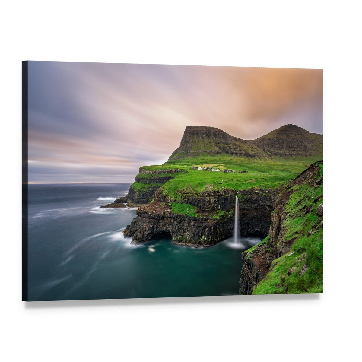 Gasadalur Village Waterfall Canvas Wall Art, single panel gallery wrapped canvas, angled product view